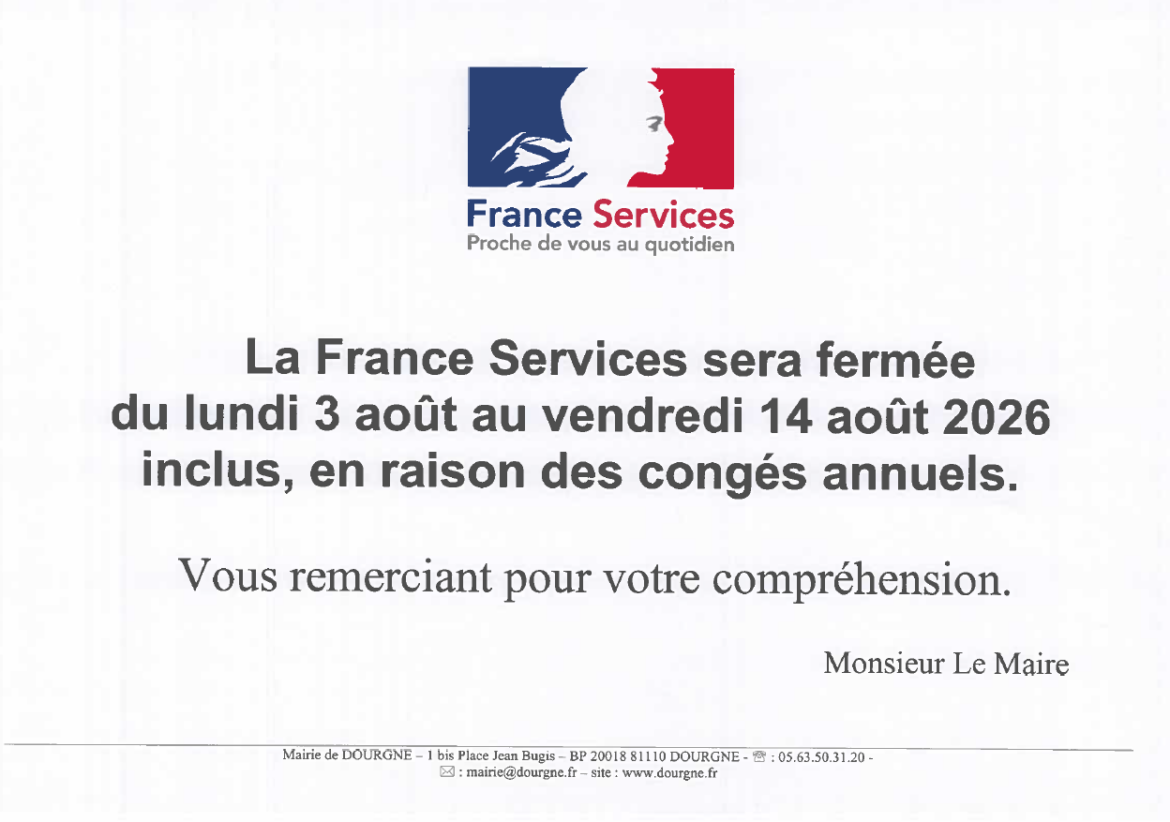 CONGÉS ANNUELS : FERMETURE DE LA FRANCE SERVICES DU 3 AOUT AU 14 AOUT INCLUS